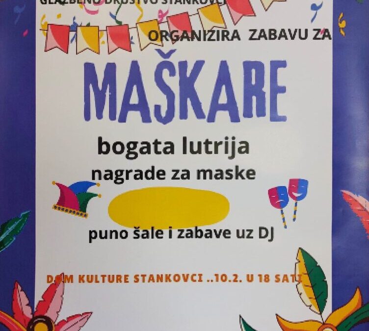 Poziv Glazbenog društva Stankovci na zabavu za maškare