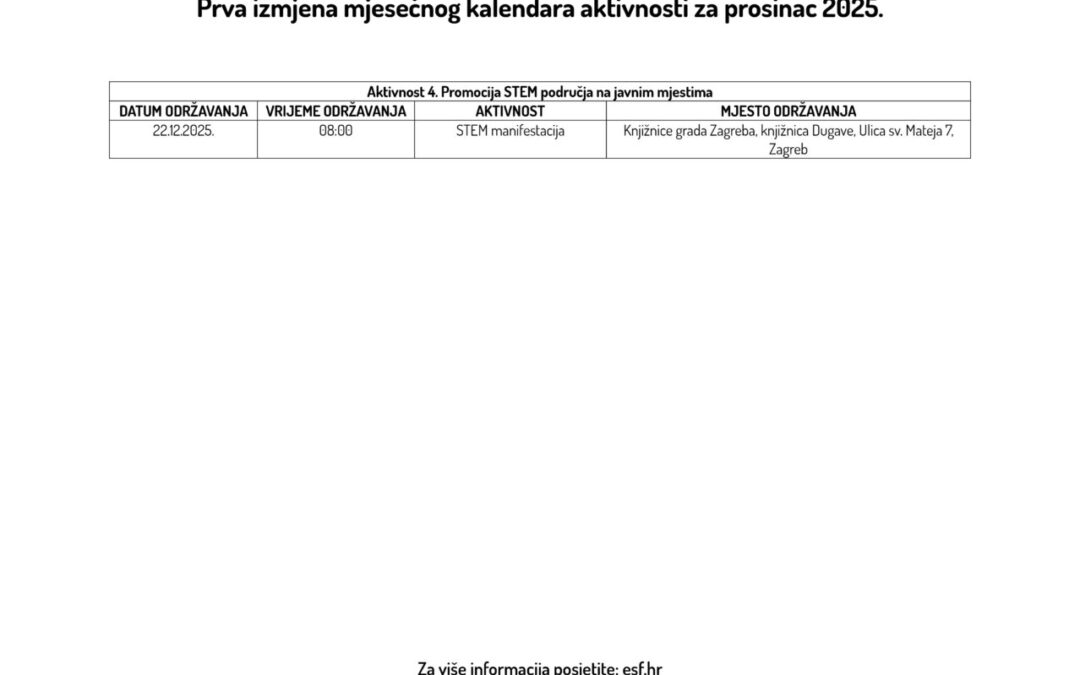 Izmjena mjesečnog kalendara aktivnosti za prosinac 2025.