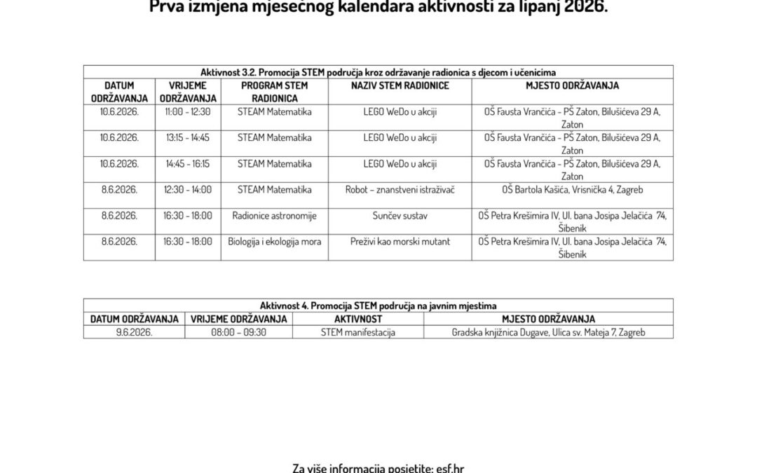 Izmjena mjesečnog kalendara aktivnosti za lipanj 2026.