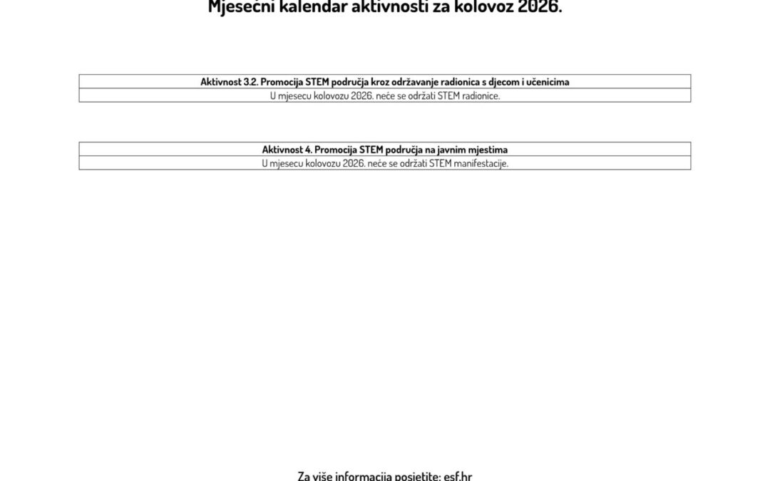 Mjesečni kalendar aktivnosti za kolovoz 2026.