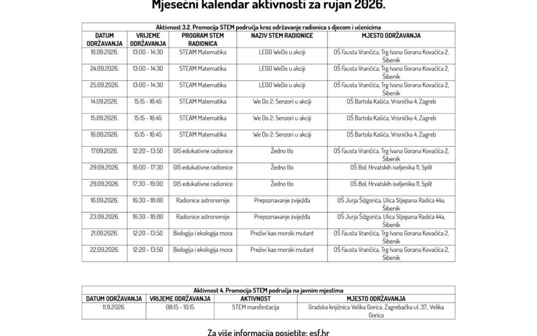 Mjesečni kalendar aktivnosti za rujan 2026.